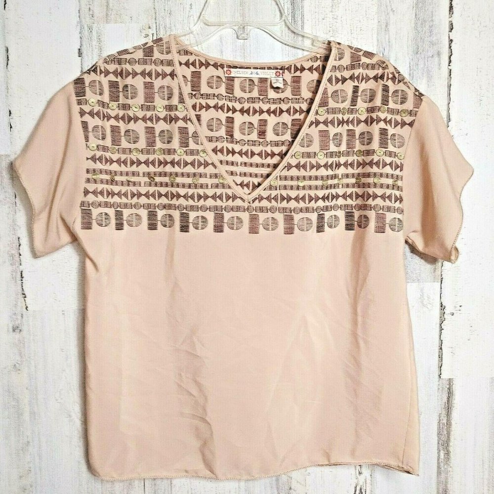 Chelsea & Violet Women's Small Top Boho Embroidered and Beaded Short Sleeves